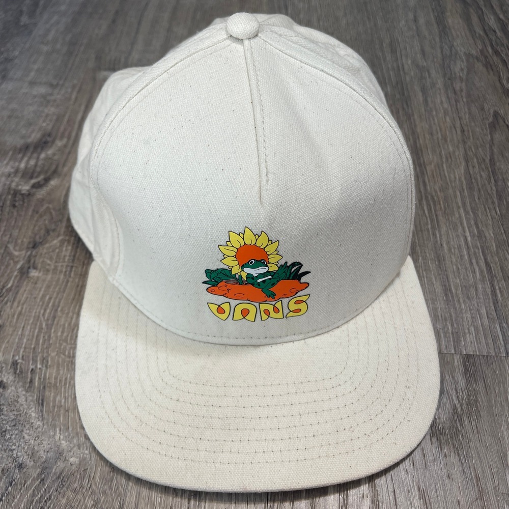 Vans Off White Cotton Canvas Frog Sunflower Graphic 5 Panel Adjustable Hat Cap